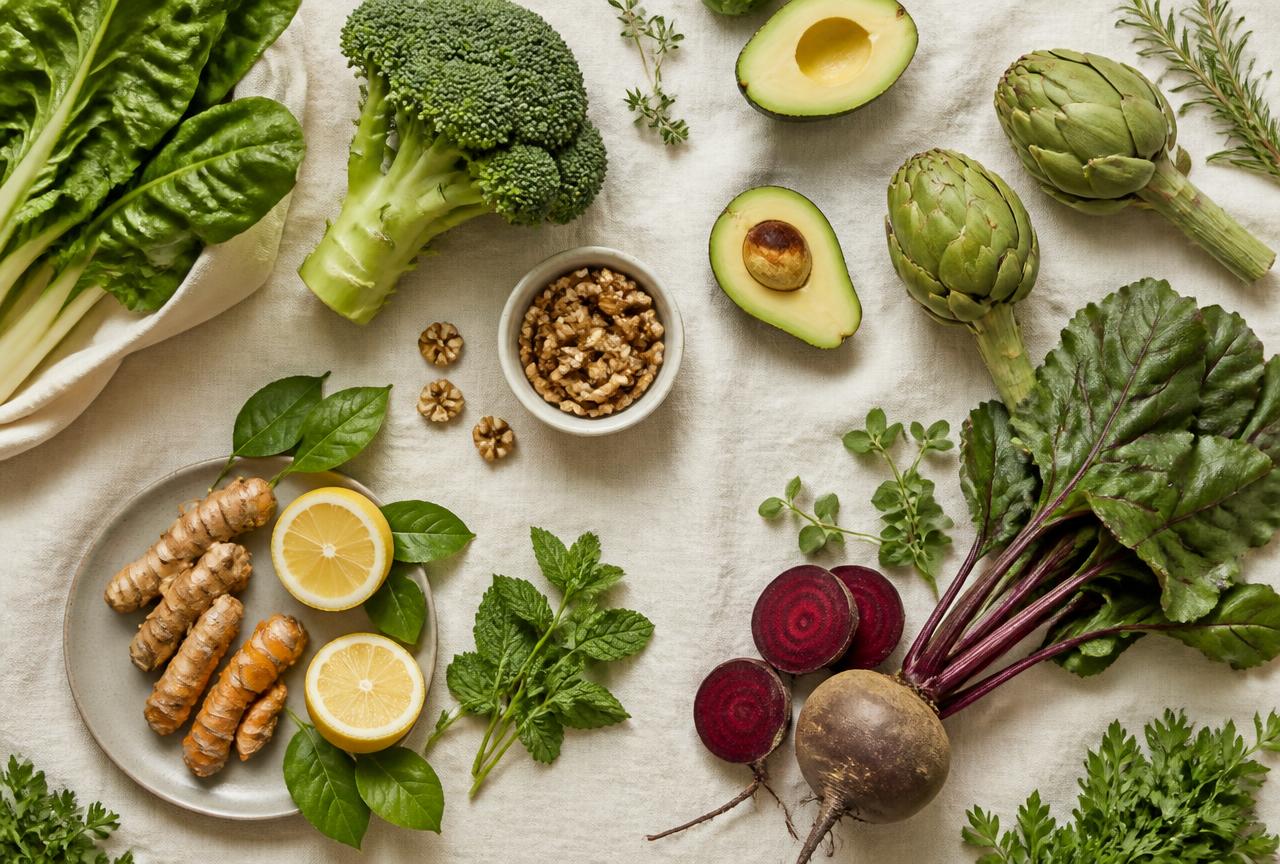 Verduras, frutas y hierbas frescas sobre una mesa de lino natural